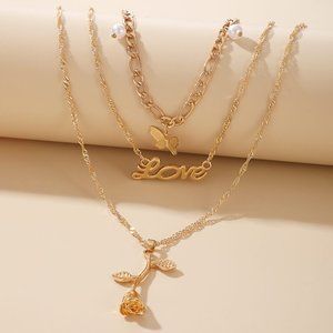 LOVE Rose Pendant Triple-Layered Necklace